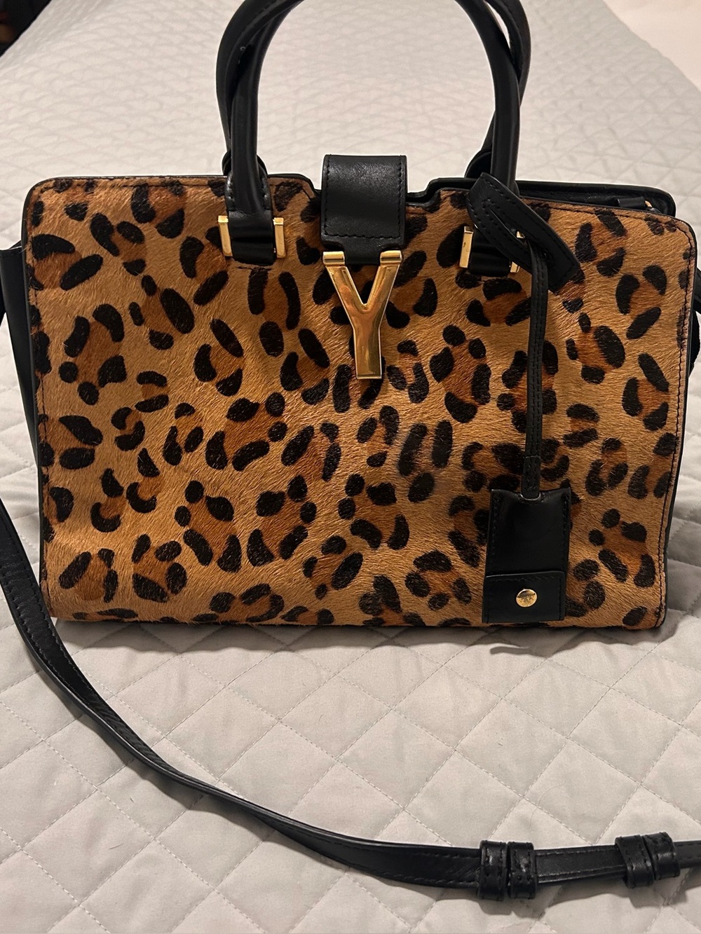 Saint Laurent Cabas Chyc Leopard Print Tote Bag with Gold Y Accent - Black Trim
